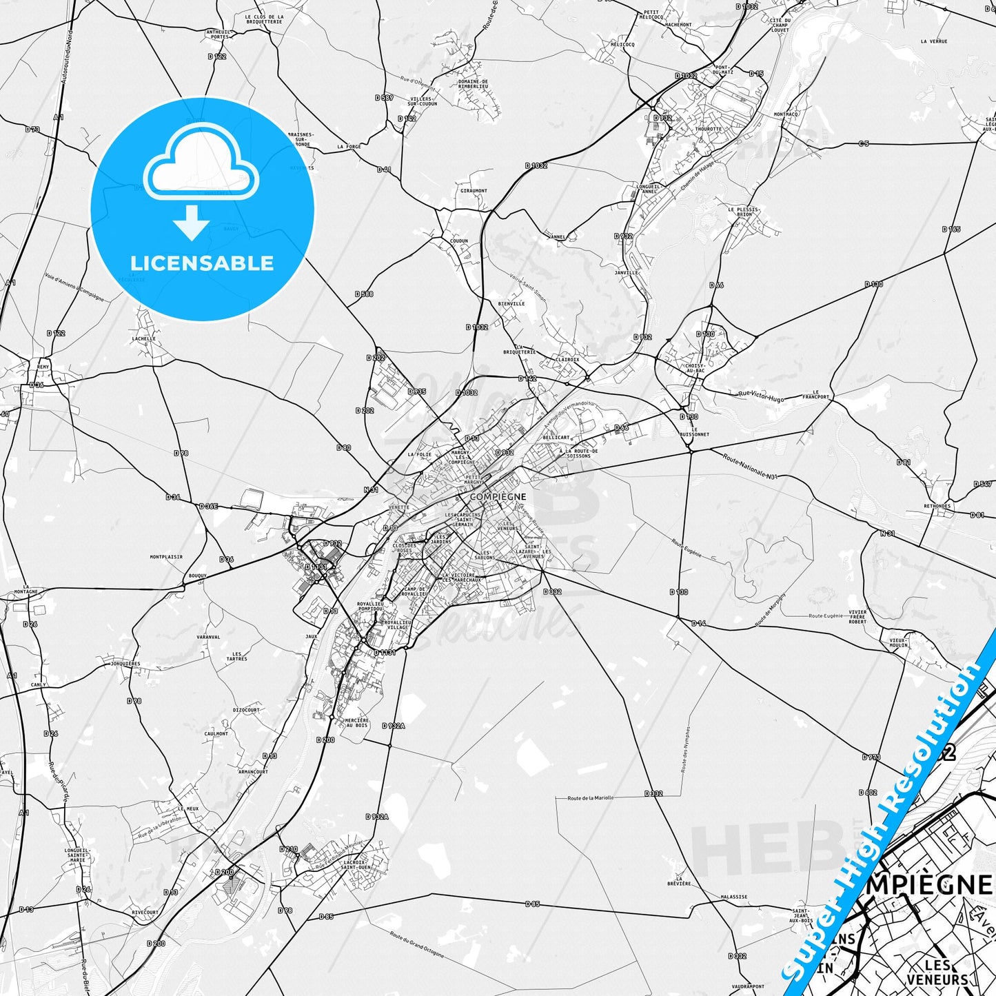 Compiègne, France light map with streetnames, citynames and districts