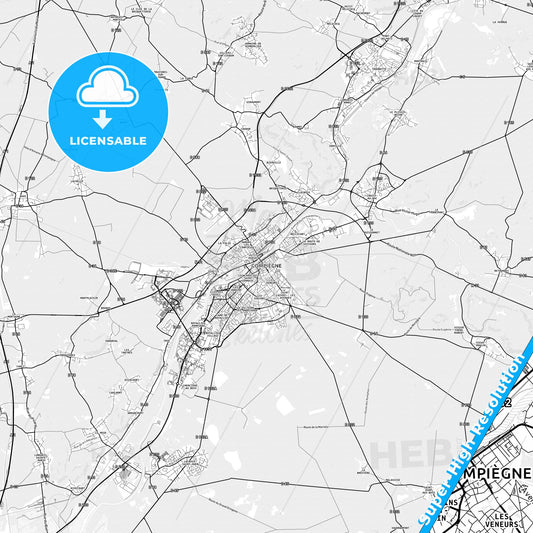 Compiègne, France light map with streetnames, citynames and districts
