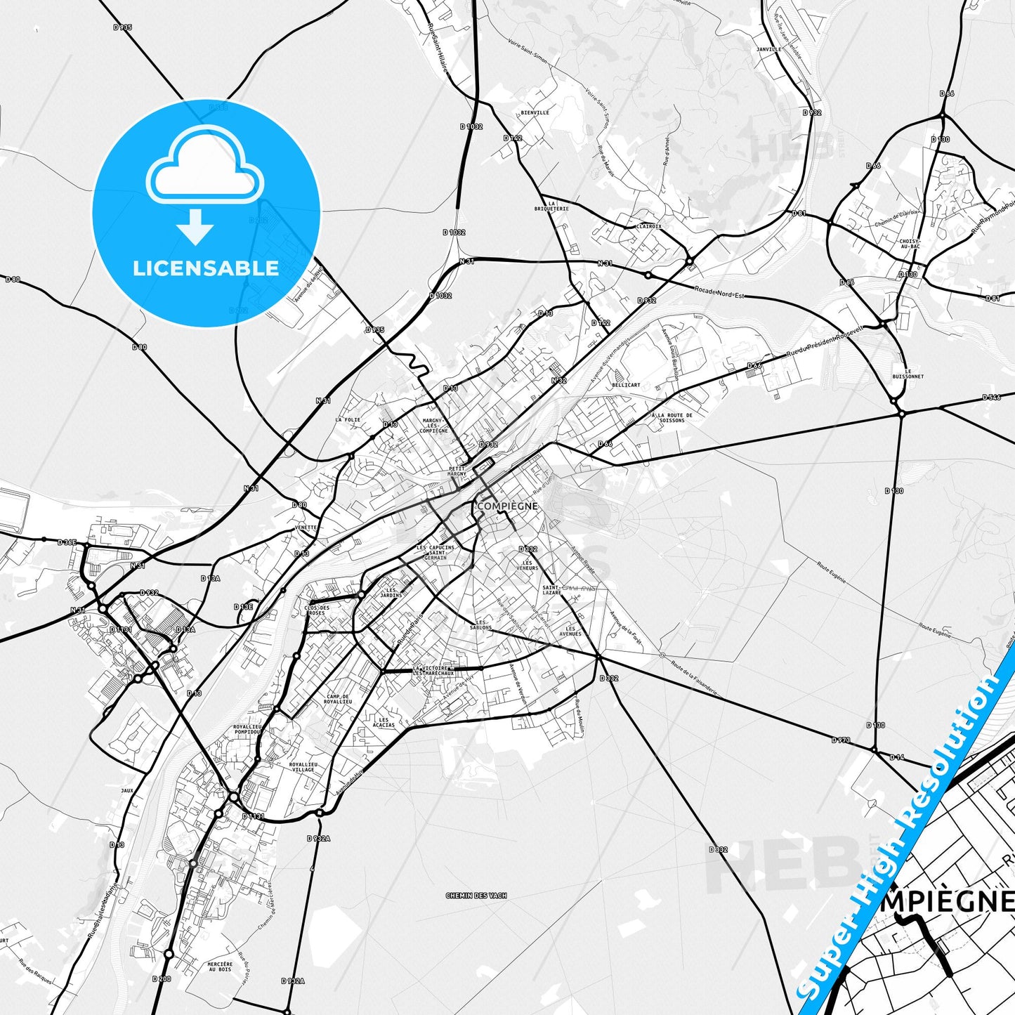 Compiègne, France Light Map with Street Names, City Names, and Districts