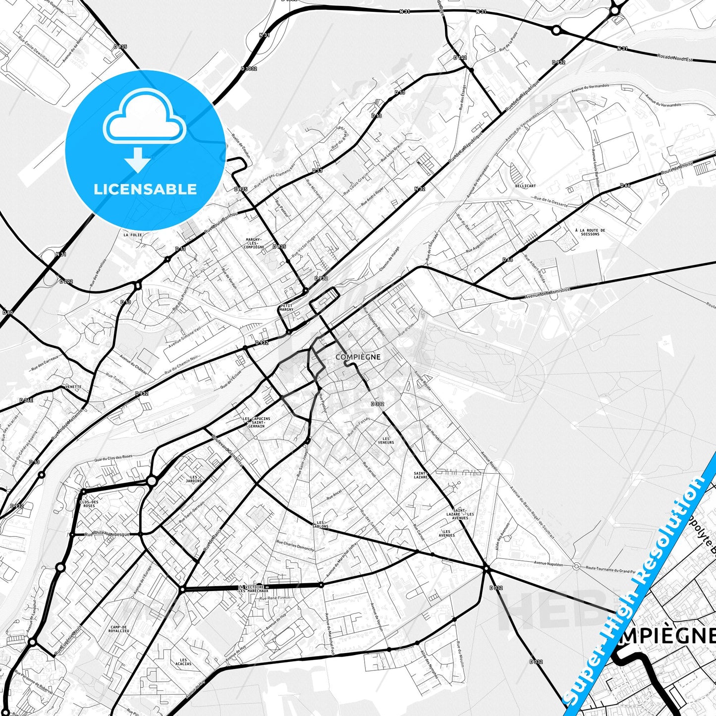 Compiègne, France Light Map with Street Names, City Names, and Districts