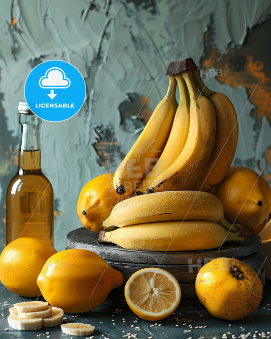 Artistic Table Decor Featuring Banana-Inspired Delicacies and Vibrant Still Life Painting