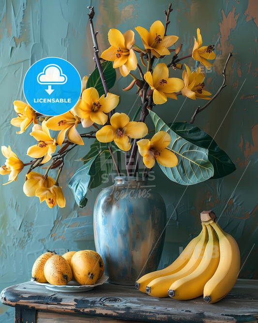 Rustic Still Life: Bananas and Floral Symphony on Patina Wall, a Canvas Masterpiece