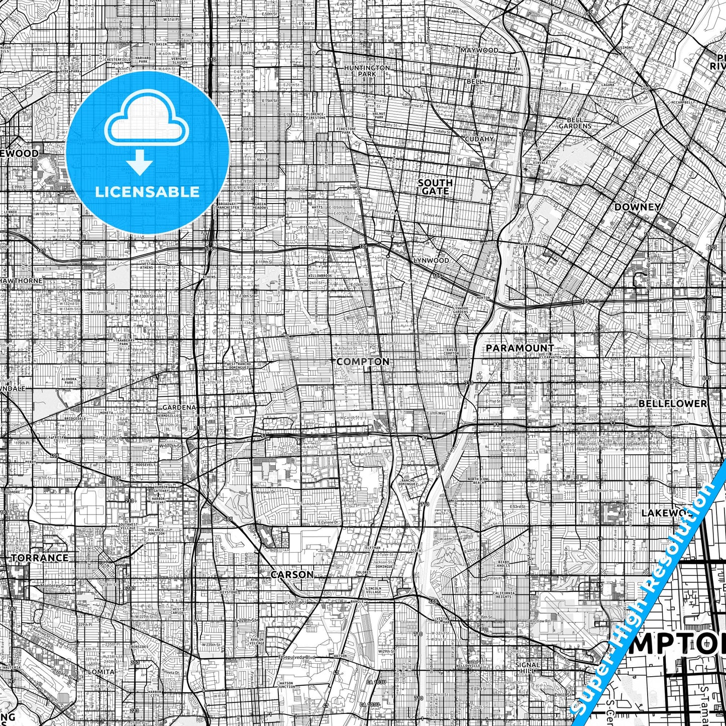 Compton, California light map with streetnames, citynames and districts