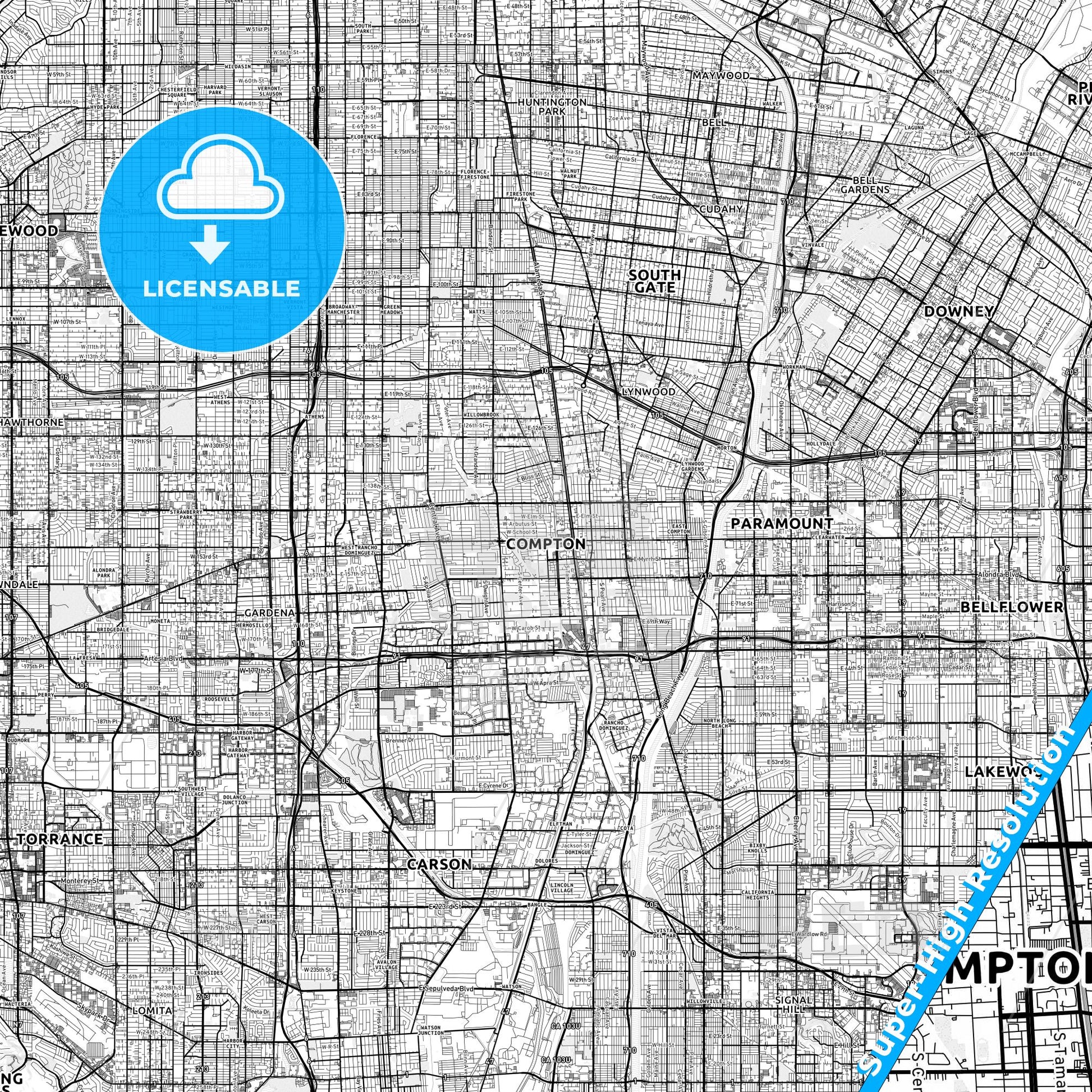 Compton, California light map with streetnames, citynames and districts