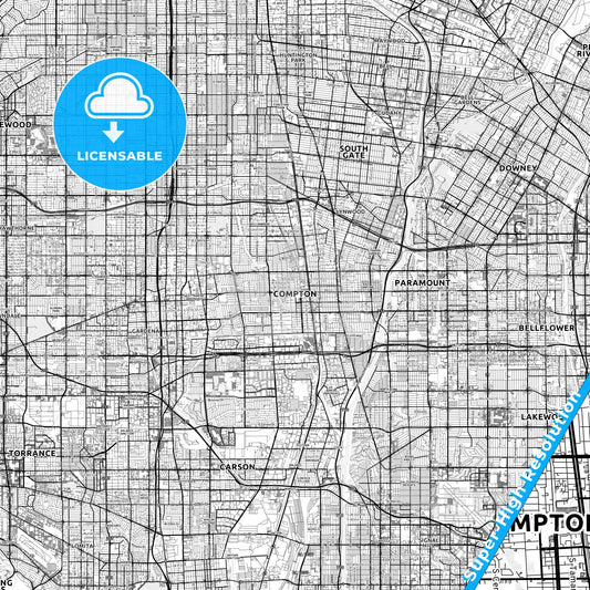Compton, California light map with streetnames, citynames and districts
