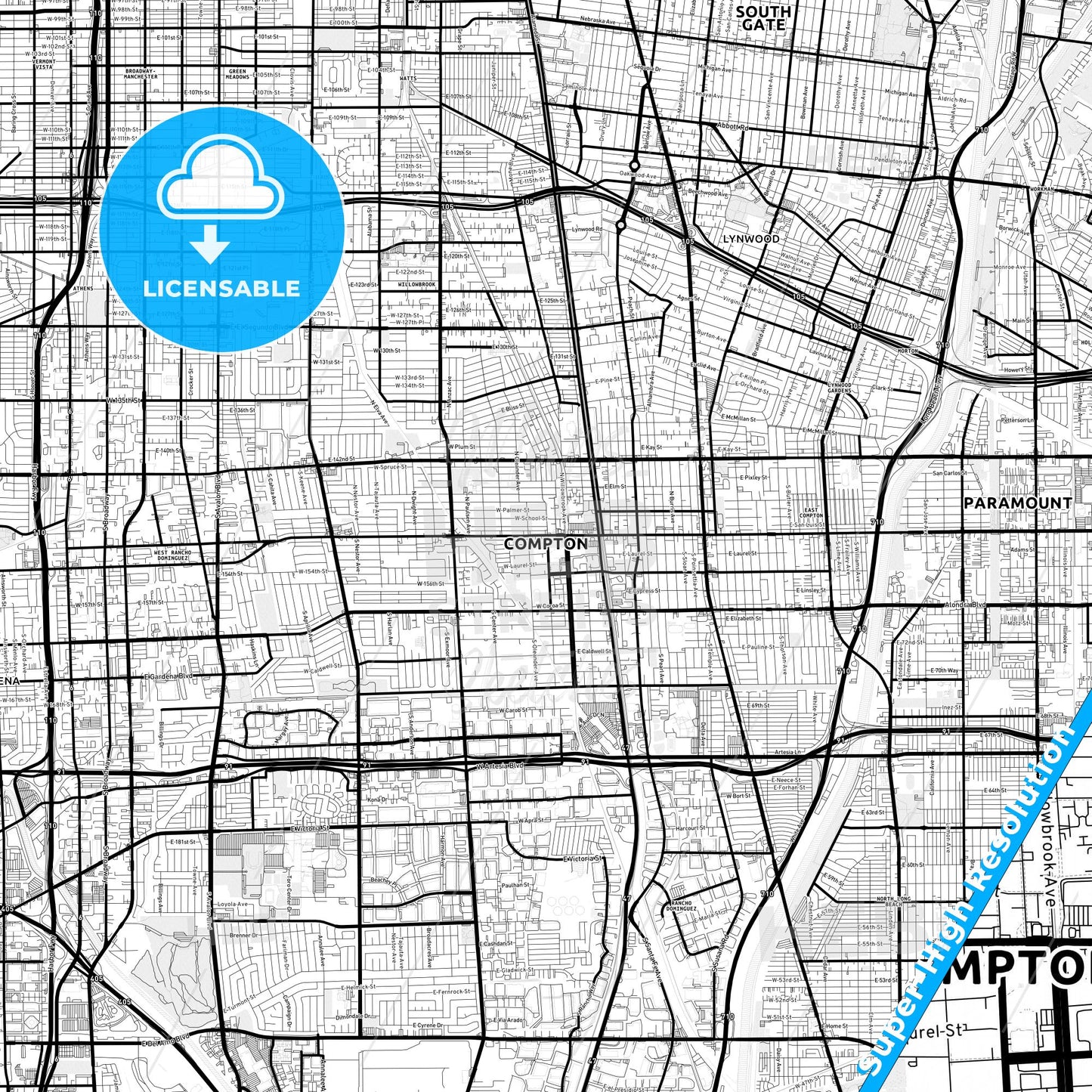 Compton, California Light Map with Street Names, City Names, and Districts