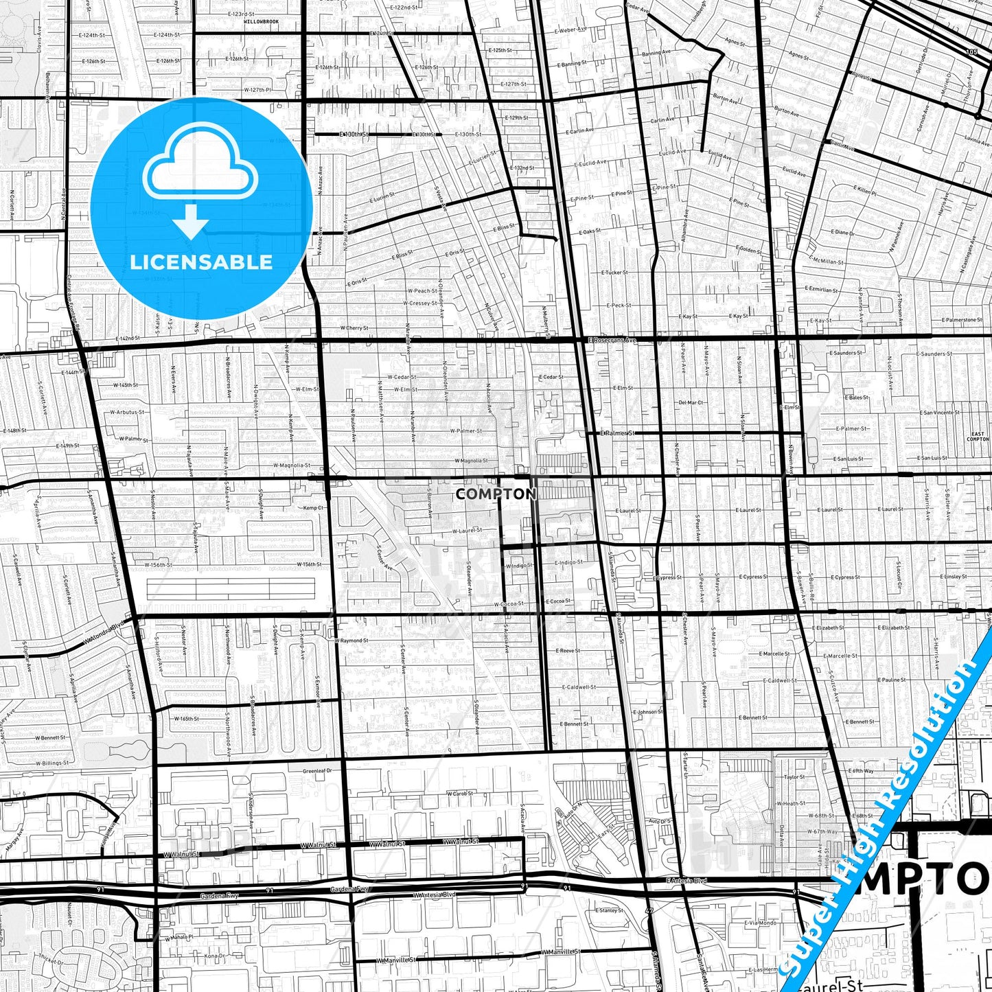 Compton, California Light Map with Street Names, City Names, and Districts