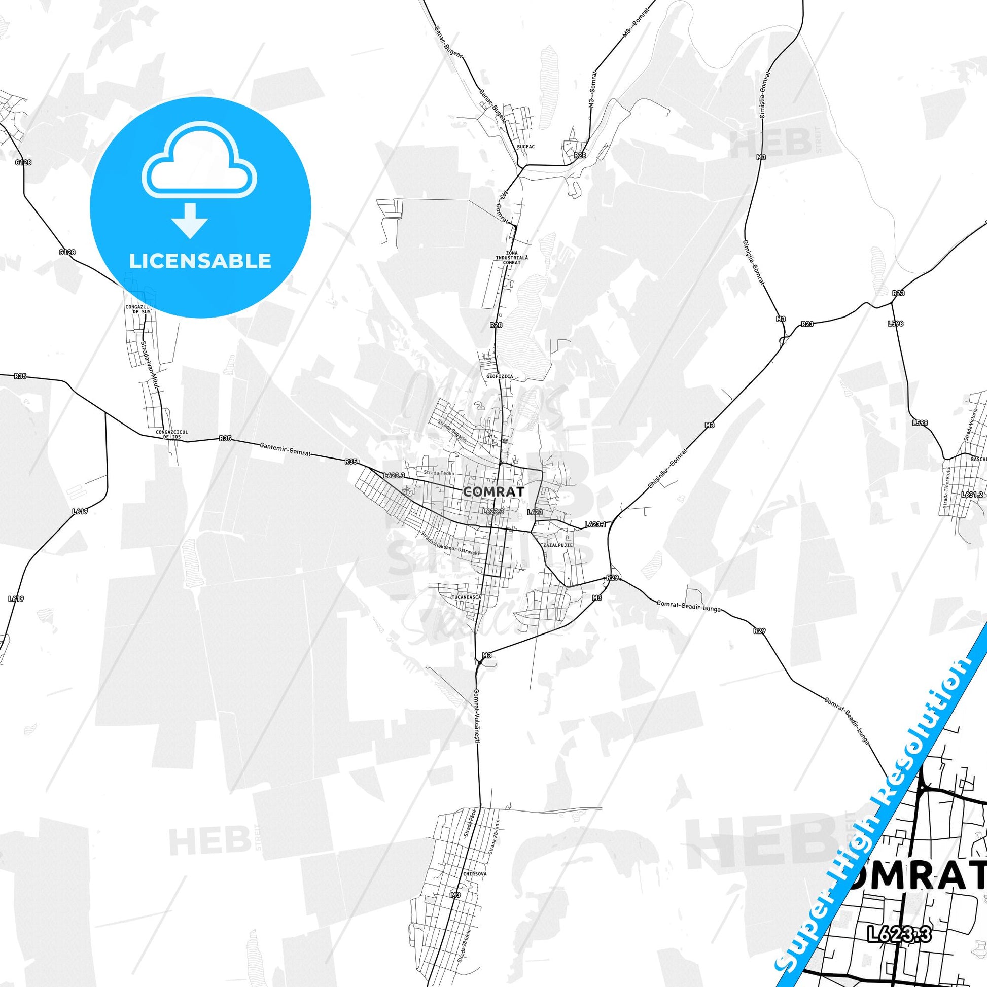 Comrat, Moldova light map with streetnames, citynames and districts
