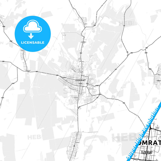 Comrat, Moldova light map with streetnames, citynames and districts