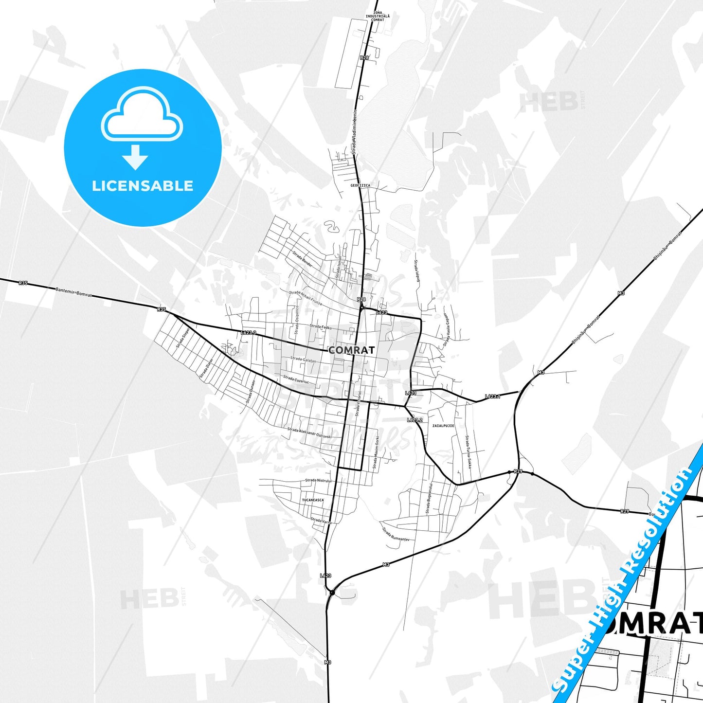 Comrat, Moldova Light Map with Street Names, City Names, and Districts