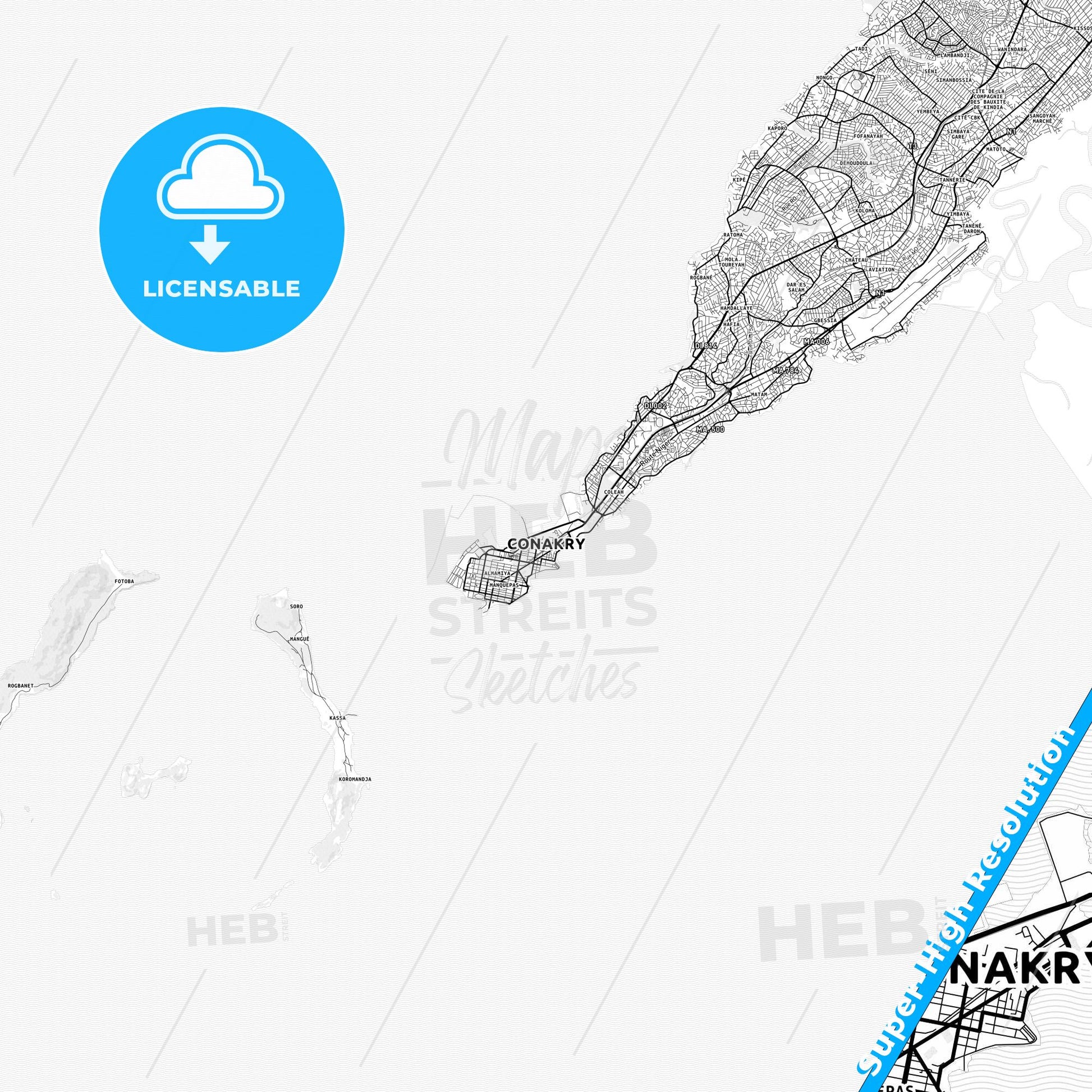 Conakry, Guinea light map with streetnames, citynames and districts