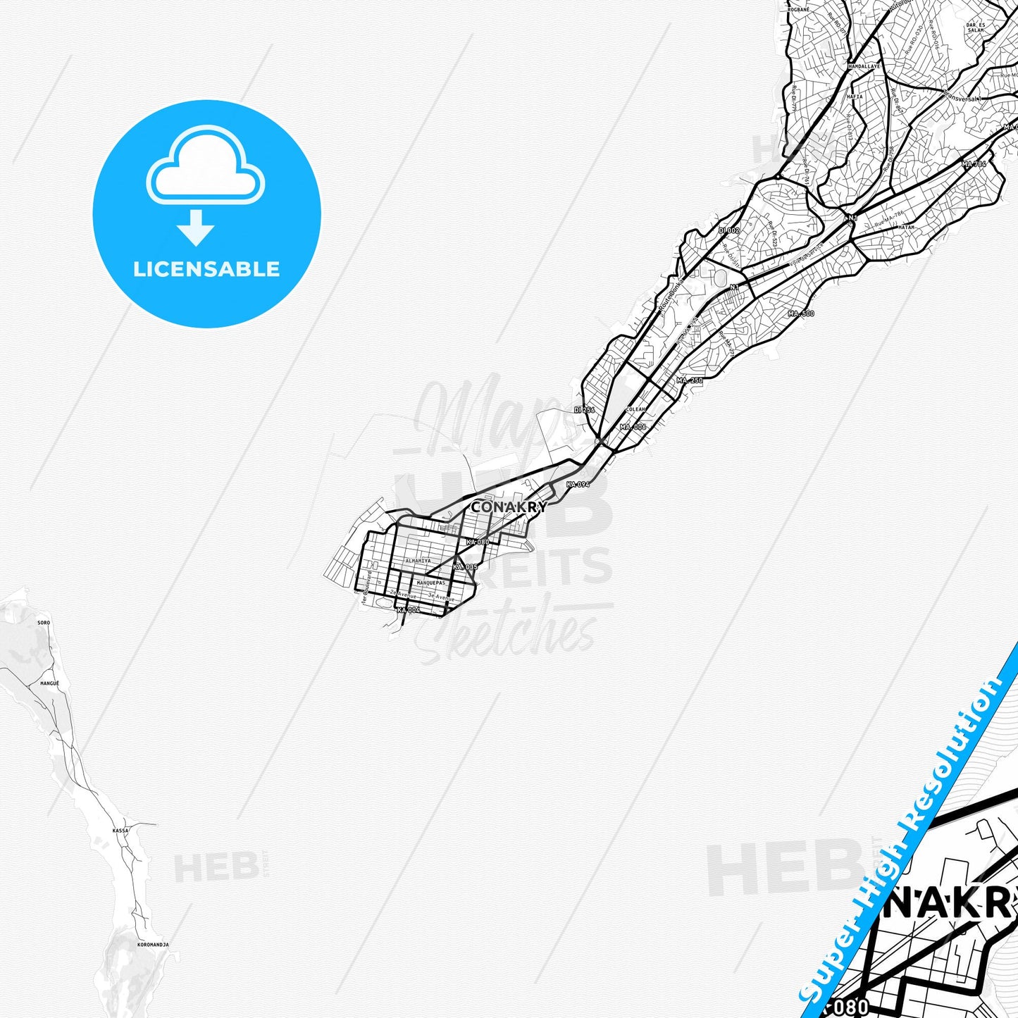 Conakry, Guinea Light Map with Street Names, City Names, and Districts