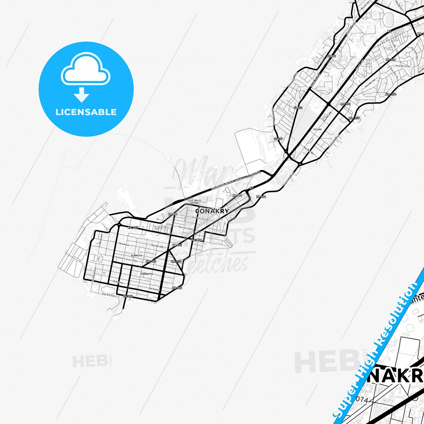 Conakry, Guinea Light Map with Street Names, City Names, and Districts