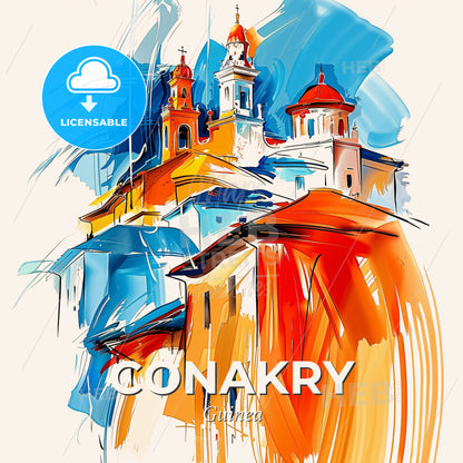 Vibrant Conakry, Guinea - A Painting Of A Building With A Red Roof - Square format print template