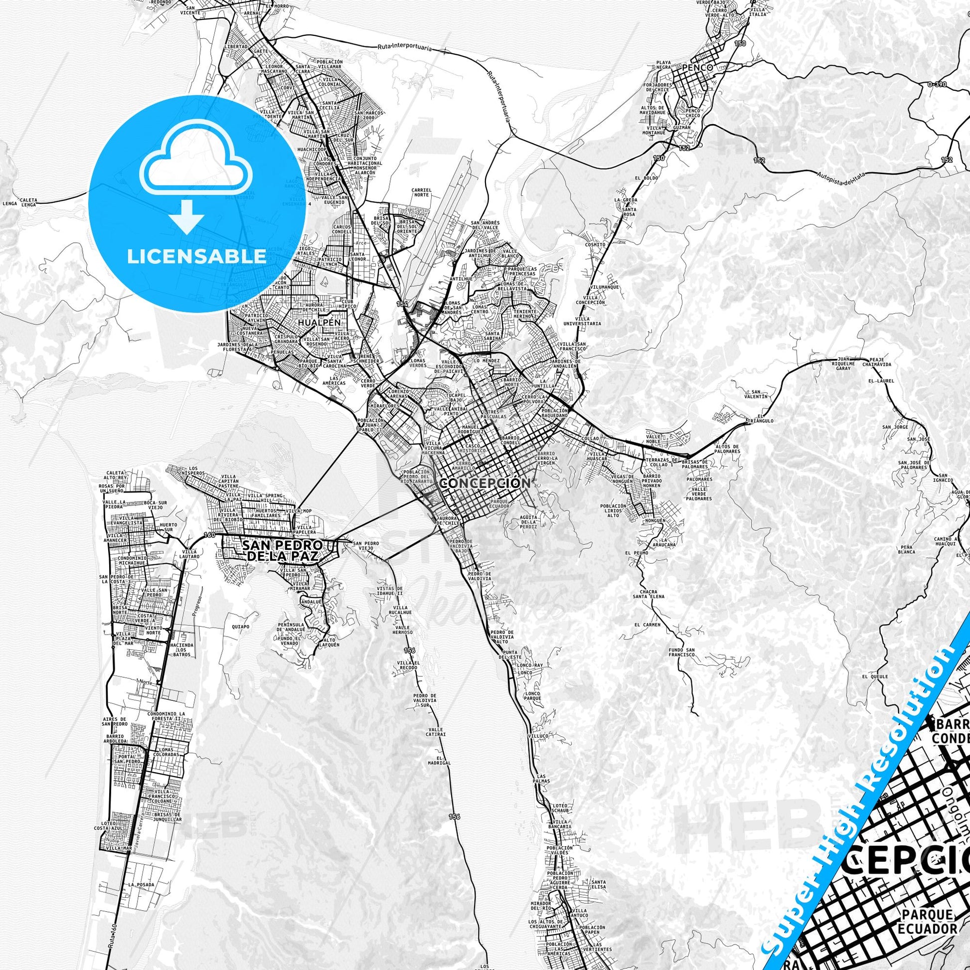 Concepcion, Chile light map with streetnames, citynames and districts