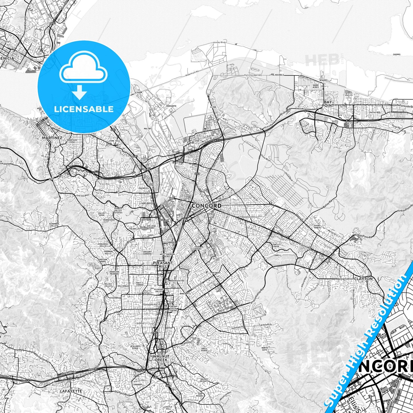Concord, California light map with streetnames, citynames and districts