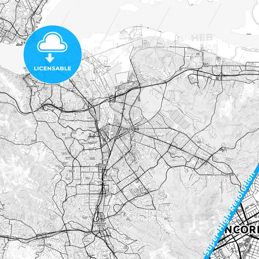 Concord, California light map with streetnames, citynames and districts