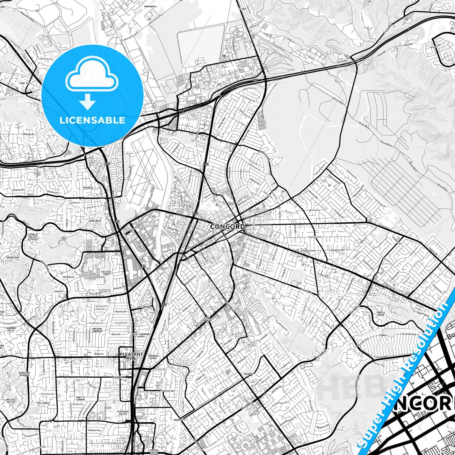 Concord, California Light Map with Street Names, City Names, and Districts