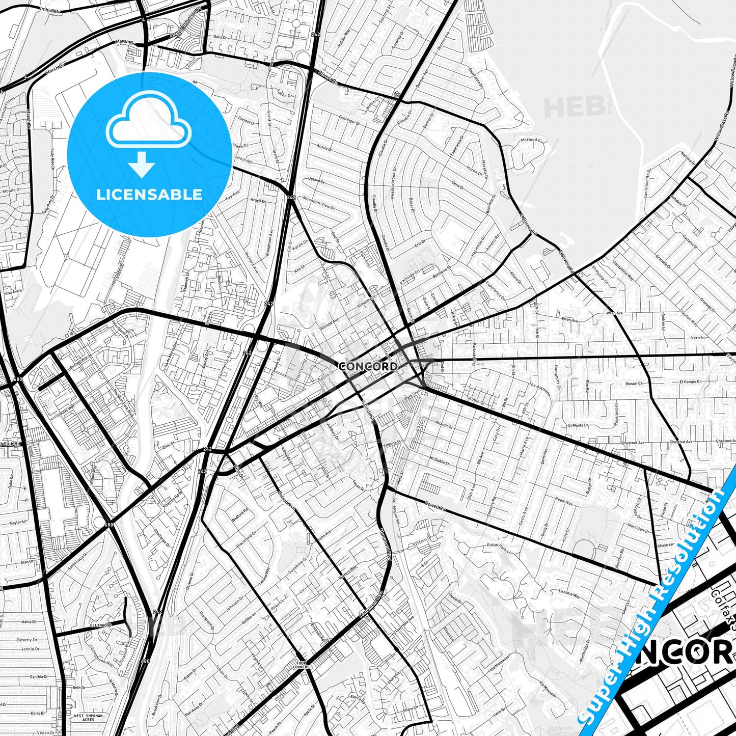 Concord, California Light Map with Street Names, City Names, and Districts