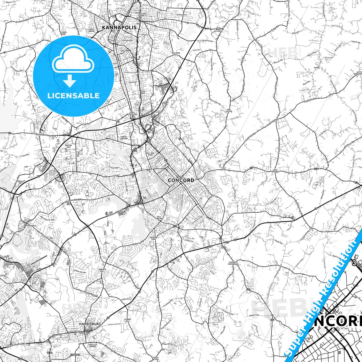 Concord, North Carolina light map with streetnames, citynames and districts