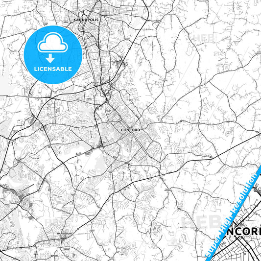 Concord, North Carolina light map with streetnames, citynames and districts