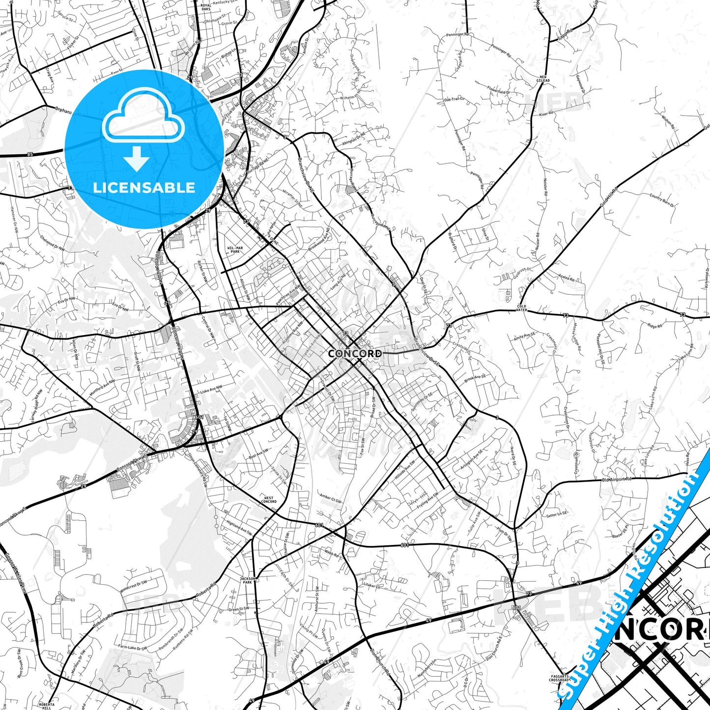 Concord, North Carolina Light Map with Street Names, City Names, and Districts