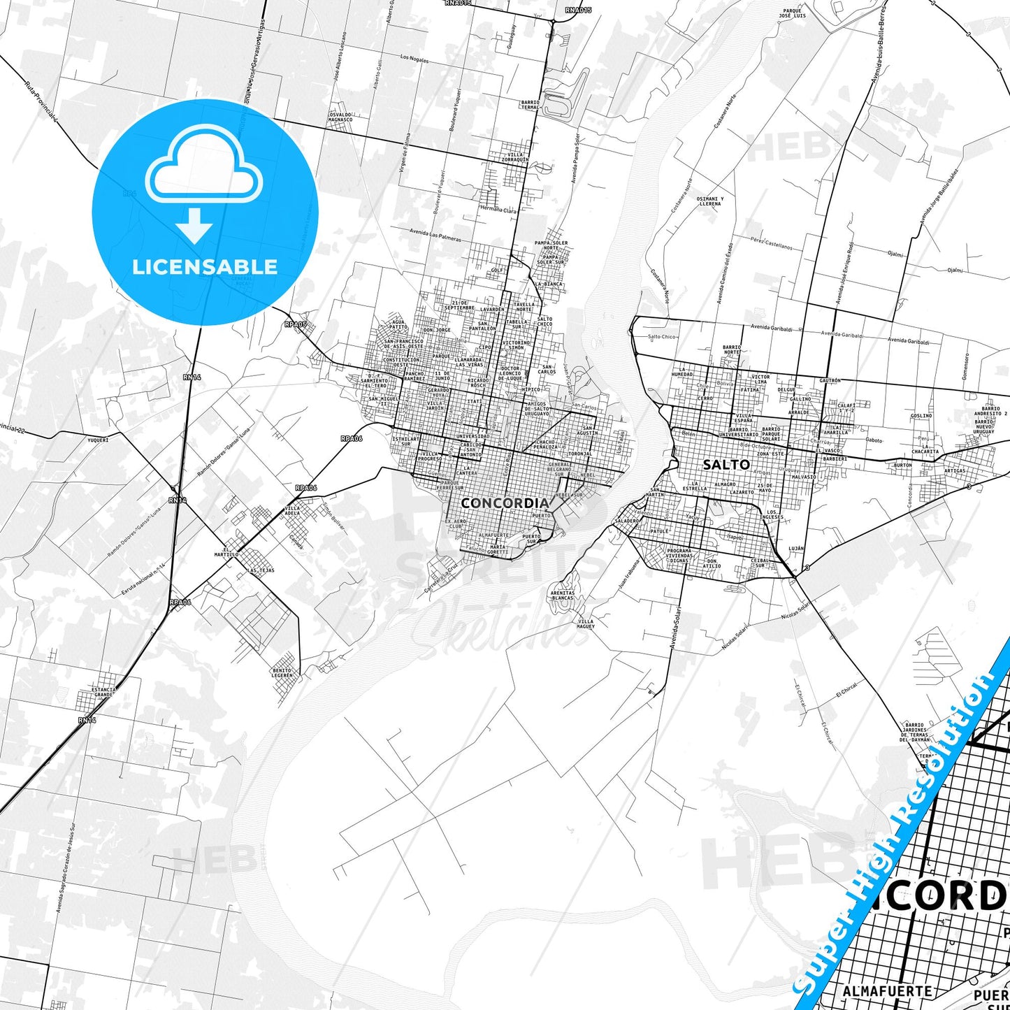 Concordia, Argentina light map with streetnames, citynames and districts
