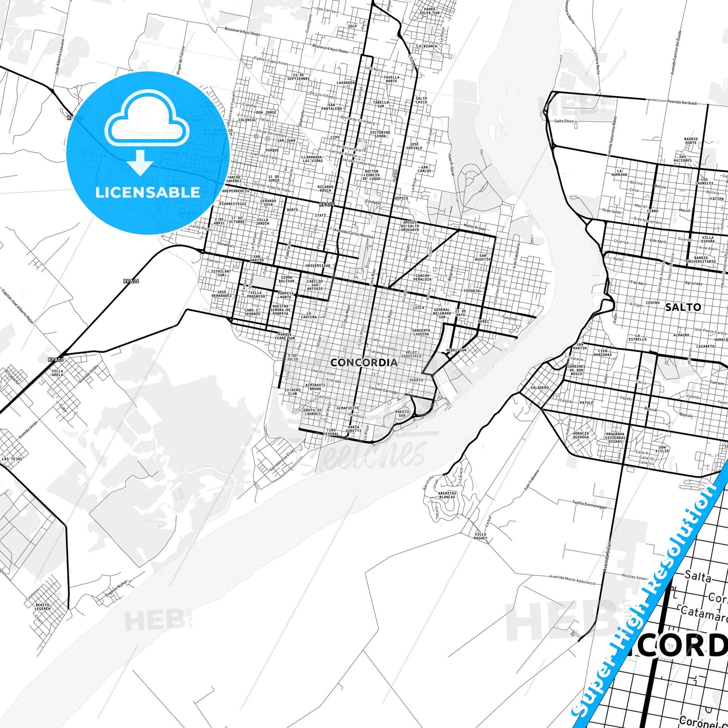 Concordia, Argentina Light Map with Street Names, City Names, and Districts