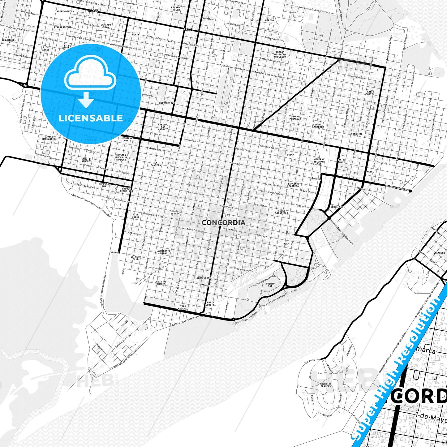 Concordia, Argentina Light Map with Street Names, City Names, and Districts