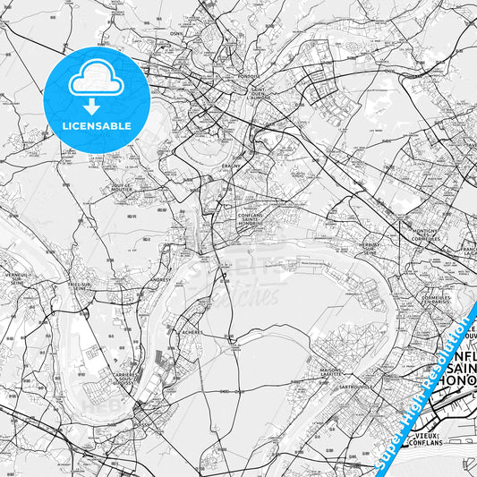 Conflans-Sainte-Honorine, France light map with streetnames, citynames and districts