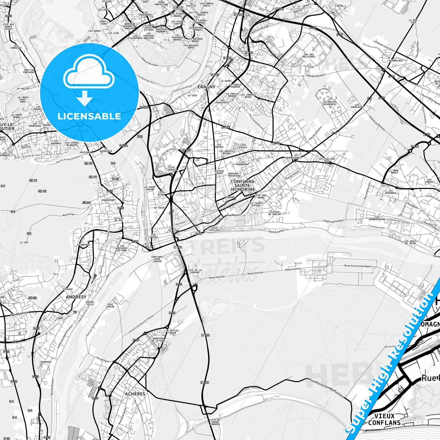 Conflans-Sainte-Honorine, France Light Map with Street Names, City Names, and Districts
