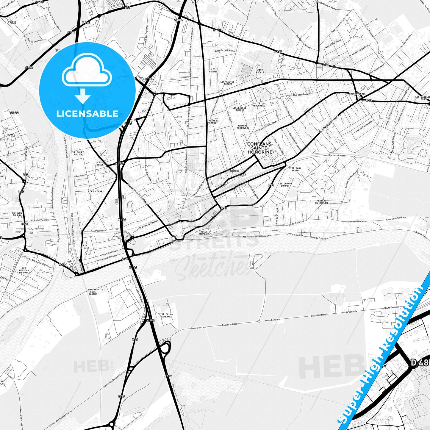Conflans-Sainte-Honorine, France Light Map with Street Names, City Names, and Districts