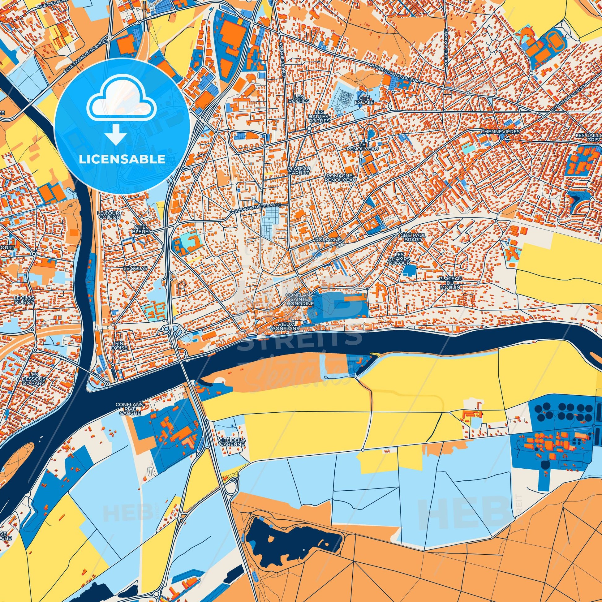 Colorful Conflans-Sainte-Honorine Street Map with Labels and Buildings
