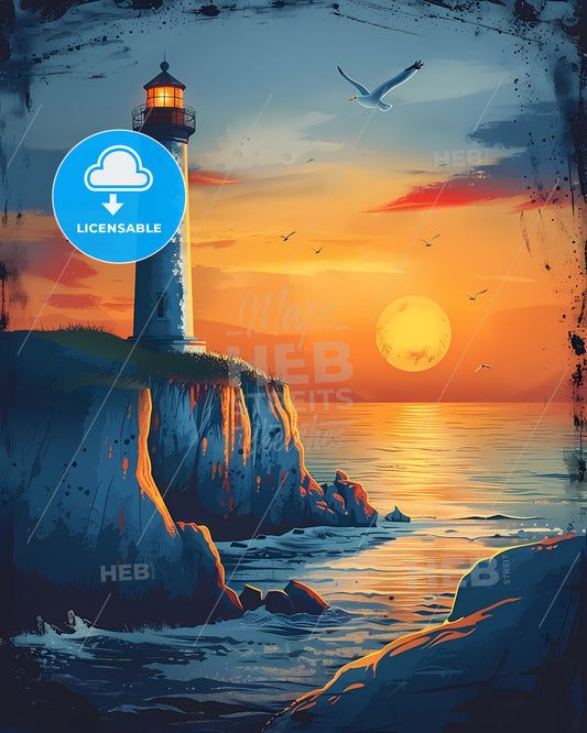 Artistic Sunset Lighthouse Painting: Vibrant Connecticut Landscape