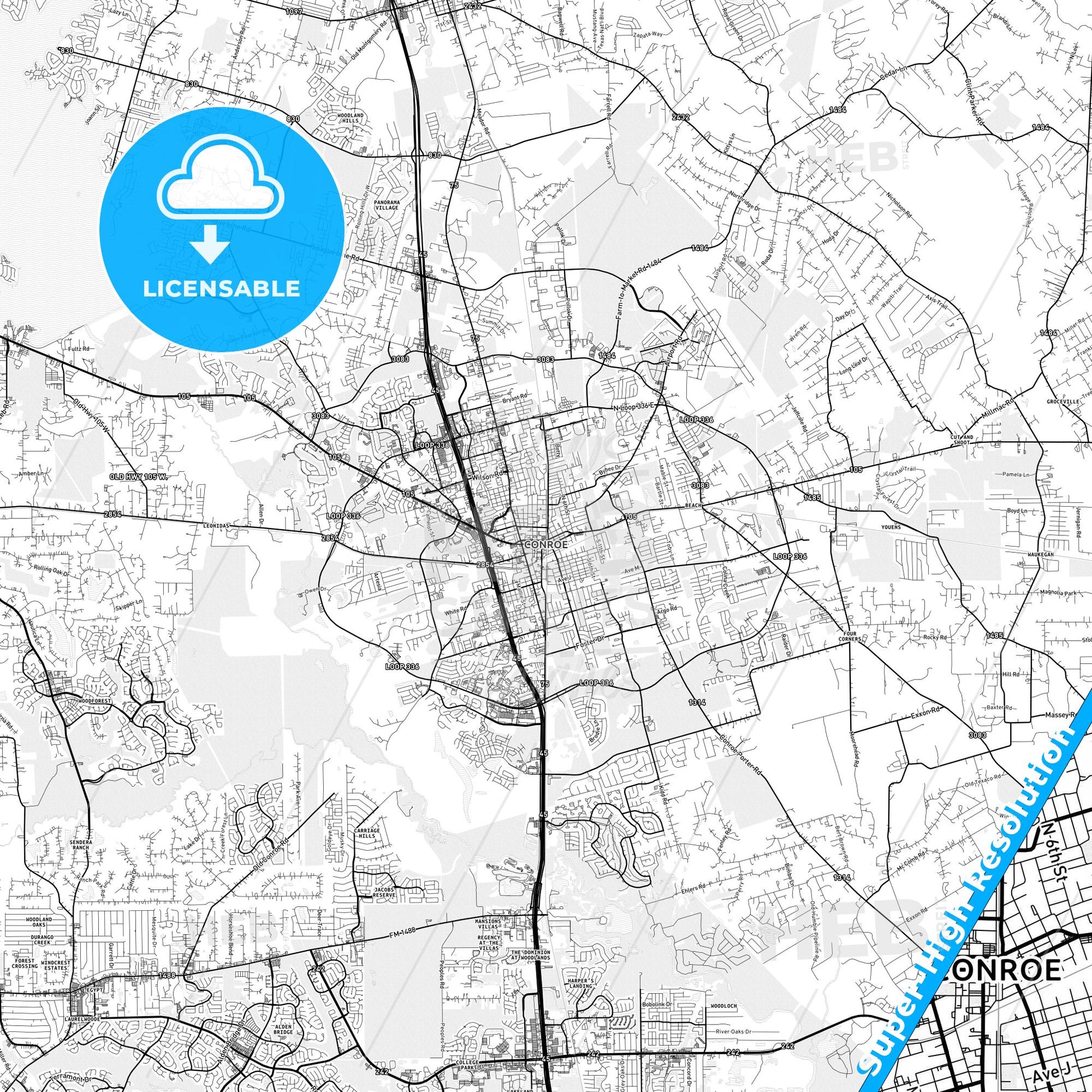 Conroe, Texas light map with streetnames, citynames and districts