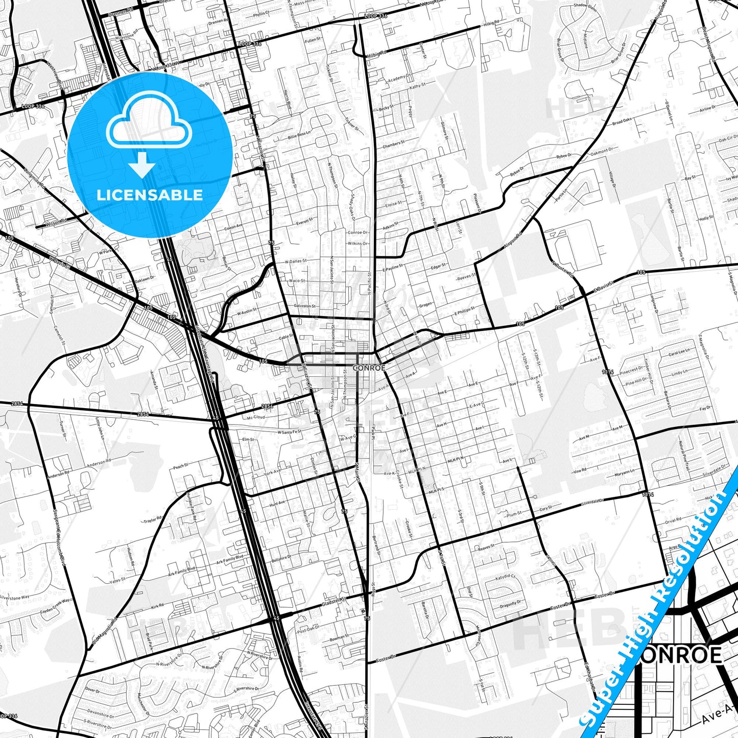 Conroe, Texas Light Map with Street Names, City Names, and Districts