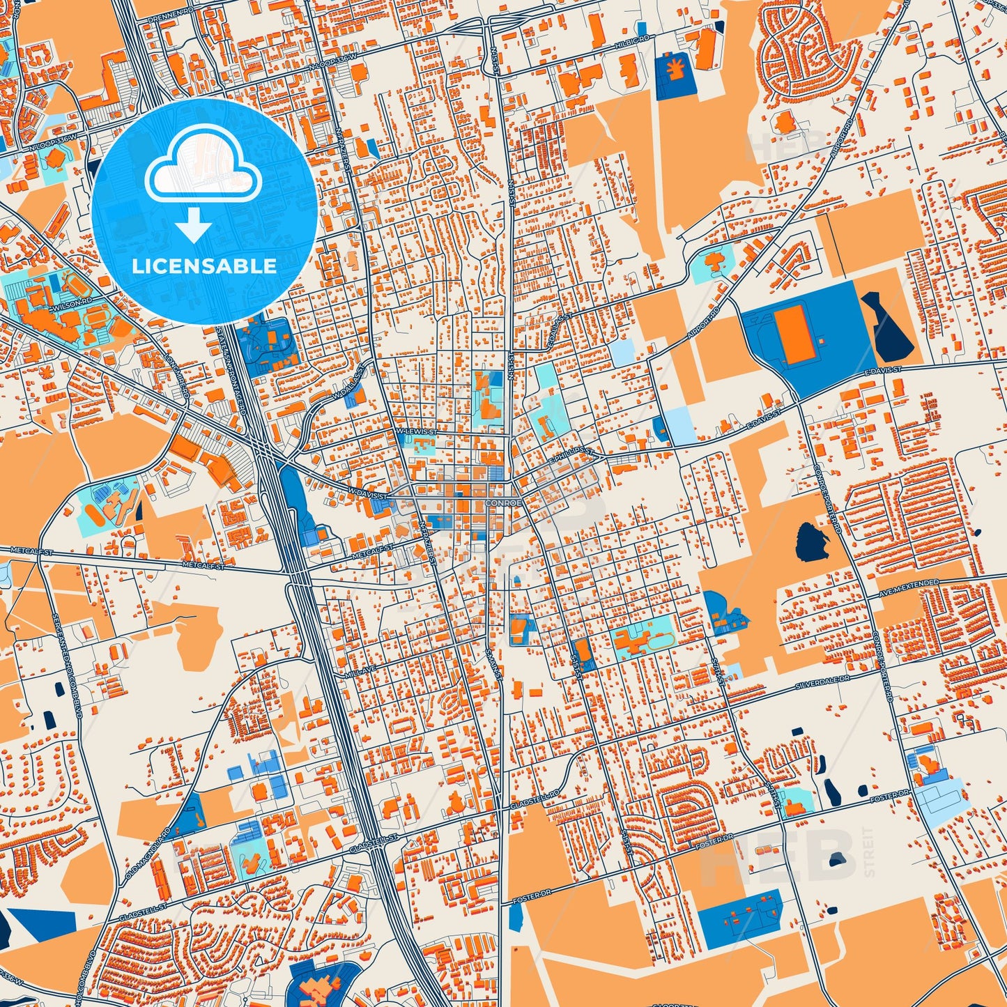 Colorful Conroe Street Map with Labels and Buildings