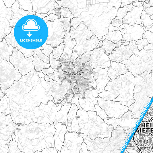 Conselheiro Lafaiete, Brazil light map with streetnames, citynames and districts