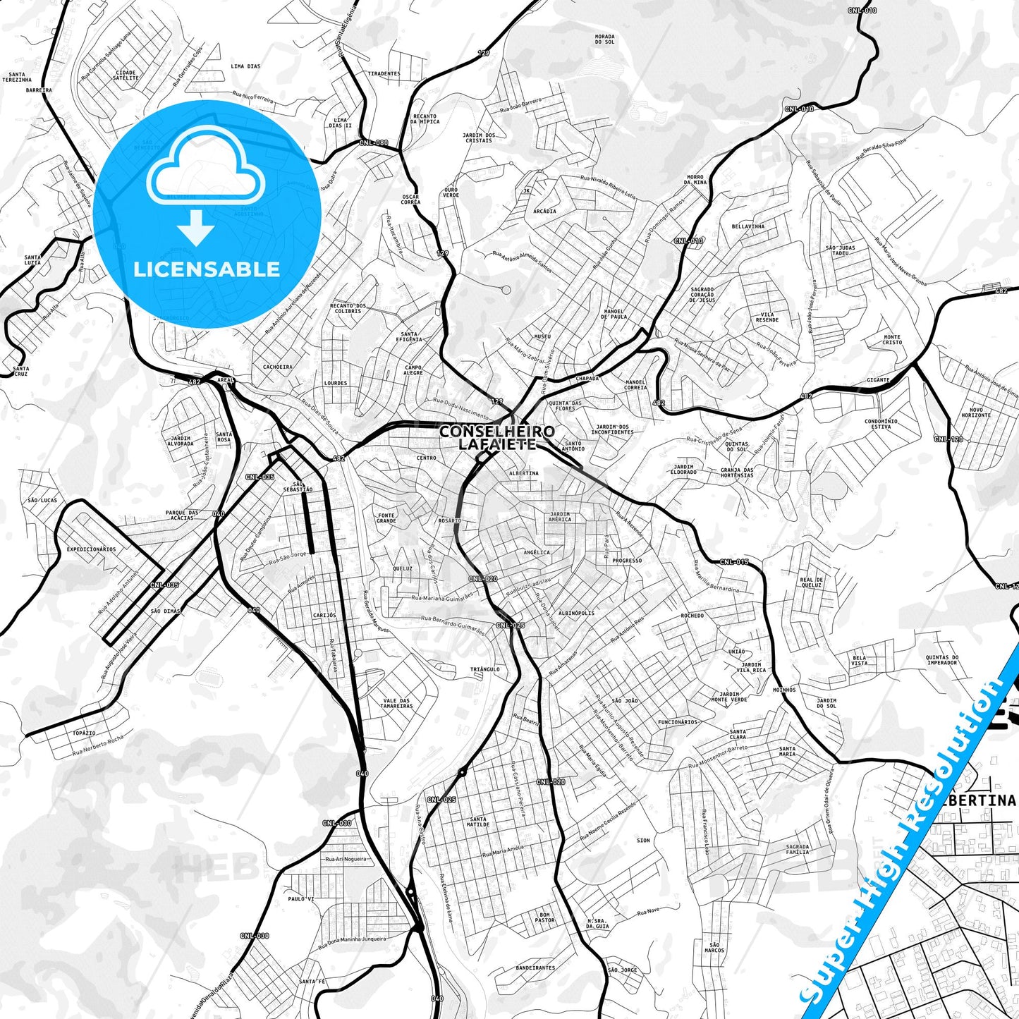 Conselheiro Lafaiete, Brazil Light Map with Street Names, City Names, and Districts