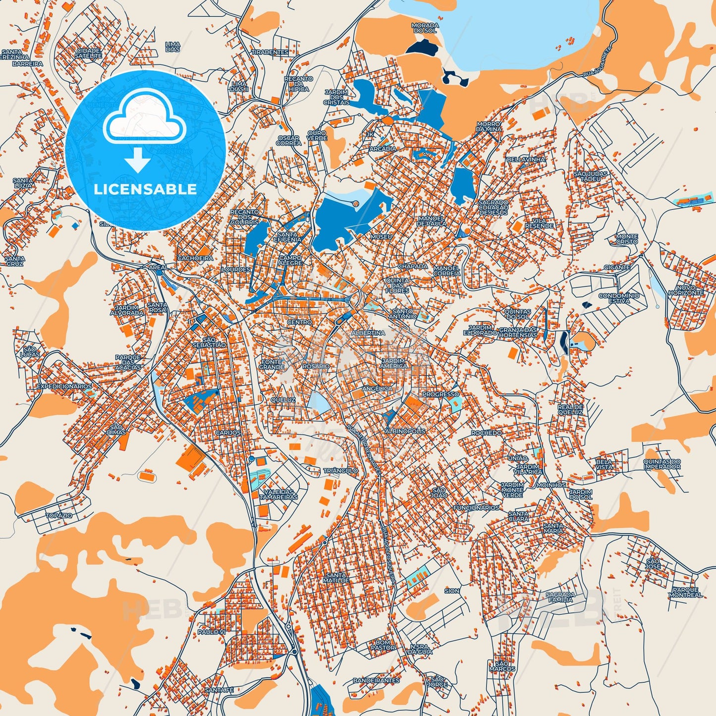 Colorful Conselheiro Lafaiete Street Map with Labels and Buildings