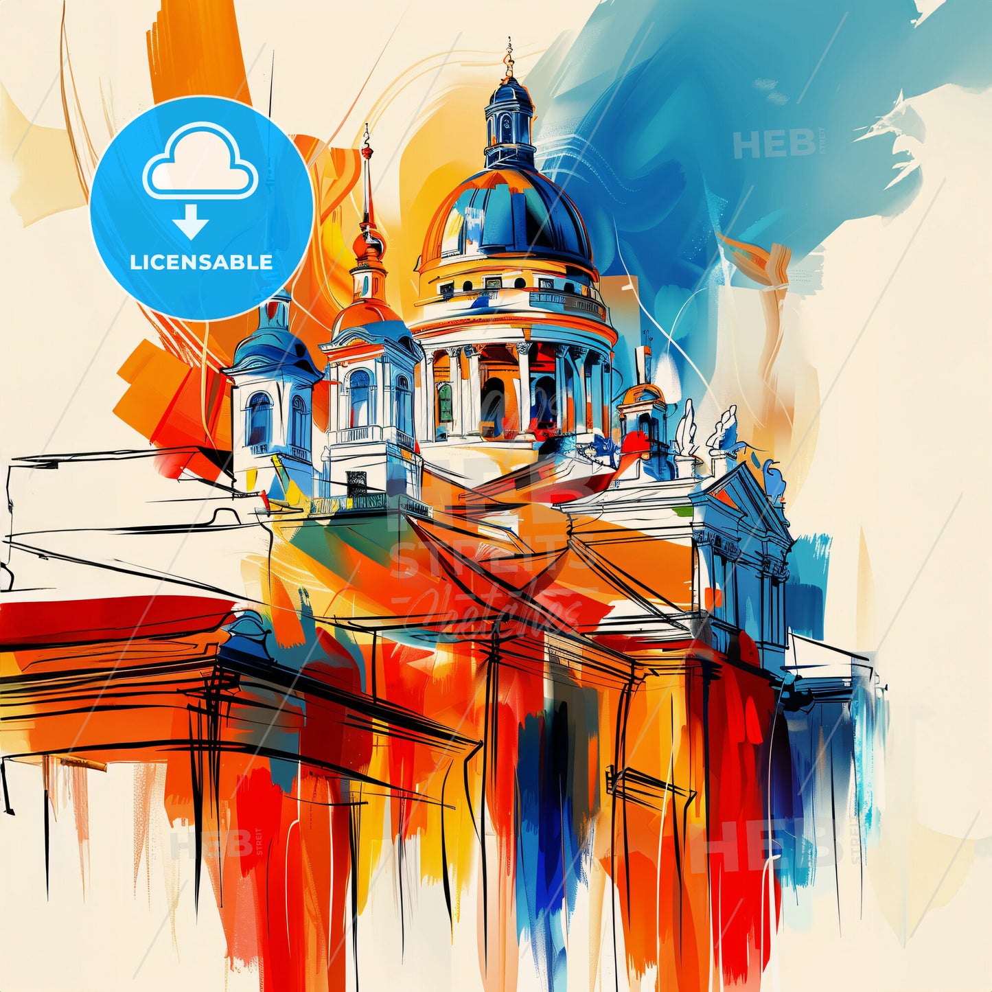 Vibrant Constanța, Romania - A Painting Of A Building With A Dome And A Blue And Orange Sky