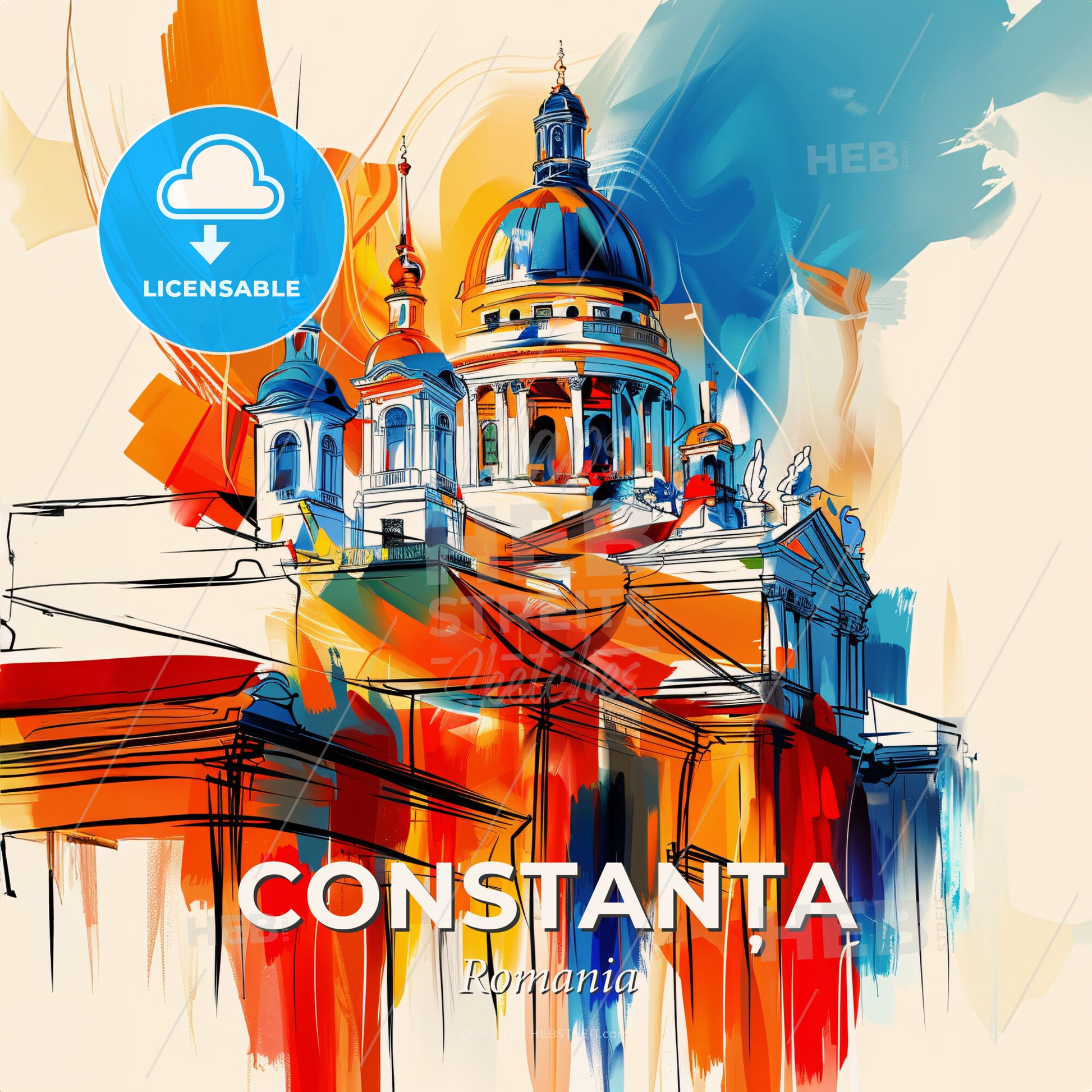 Vibrant Constanța, Romania - A Painting Of A Building With A Dome And A Blue And Orange Sky - Square format print template