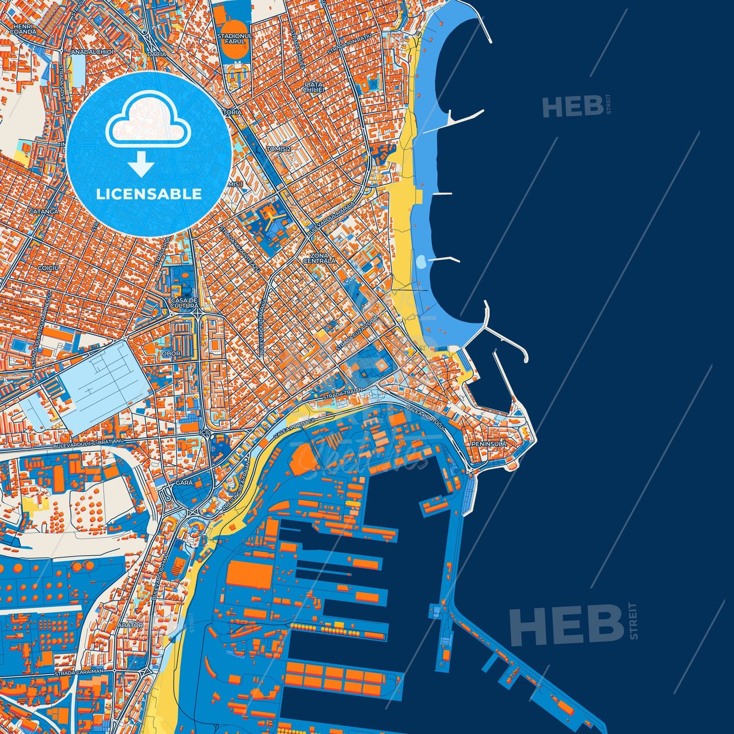 Colorful Constanța Street Map with Labels and Buildings