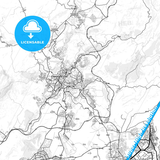 Constantine, Algeria light map with streetnames, citynames and districts