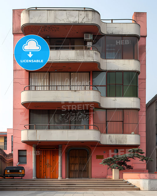 Geometric Lines, Vibrant Painting, Modern Architecture, Balcony Focus, Abstract Canvas, Art Decor