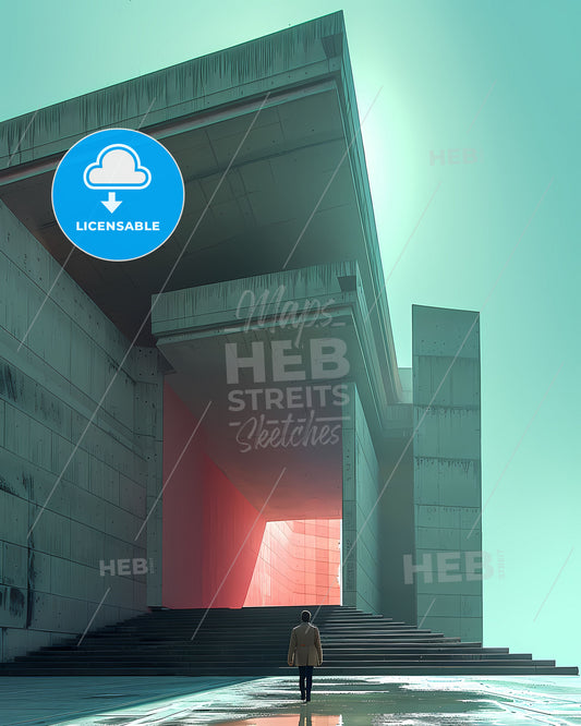 Geometric Shapes, Clean Lines, Vibrant Painting, Modern Art, Abstract Expressionism, Human Figure, Building, Architecture, Perspective