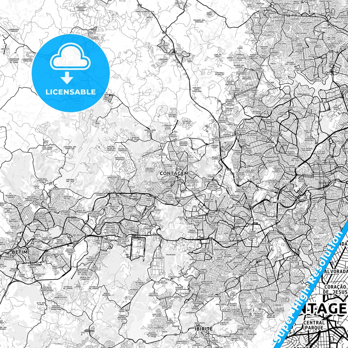 Contagem, Brazil light map with streetnames, citynames and districts