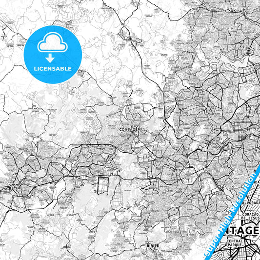Contagem, Brazil light map with streetnames, citynames and districts