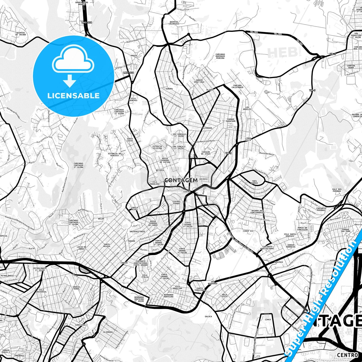 Contagem, Brazil Light Map with Street Names, City Names, and Districts