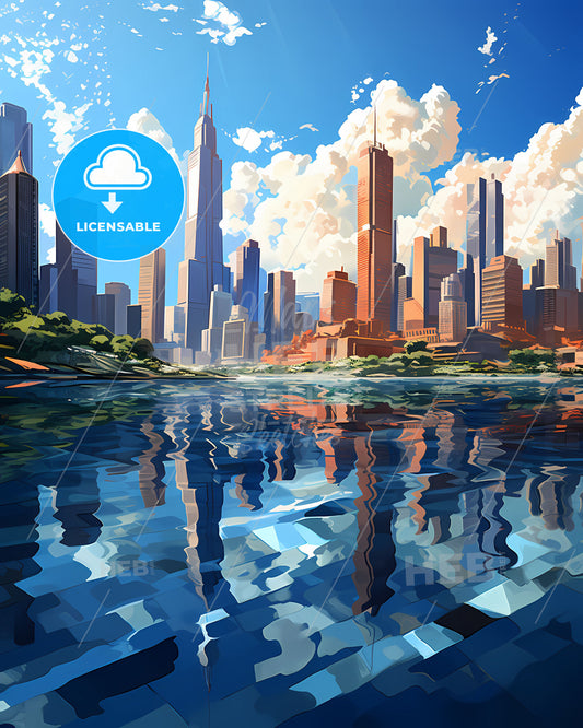 Contagem Cityscape Painting - Colorful City Skyline with Trees and River